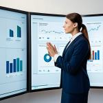 A professional business strategist in a modern, modest business suit, fully clothed, appropriate attire, analyzing complex data on a large transparent screen in a sleek, digitally-enabled office. The scene emphasizes AI-driven insights for proactive strategic decision-making and sustainable business practices. Professional photography, high resolution, soft studio lighting, perfect anatomy, correct proportions, natural pose, well-formed hands, proper finger count, natural body proportions, safe for work, appropriate content, family-friendly, professional dress.
